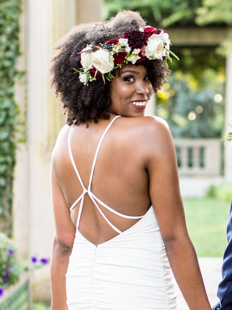 natural wedding hairstyle down with oversized flower crown