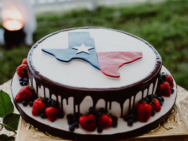 groom cake with texas flag and chocolate drip icing 