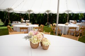 Gold Centerpieces With Ivory Hydrangeas and Blush Roses