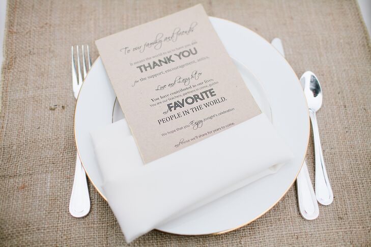 Silvia printed the thank you cards placed at each guest's seat and dipped the edges in gold paint to match the gold-rimmed china.