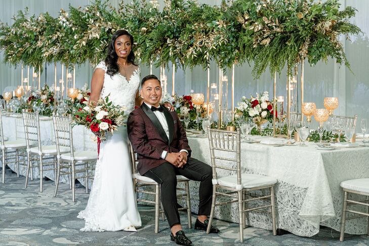 Bride and Groom Portraits at Green-and-Silver Wedding Reception