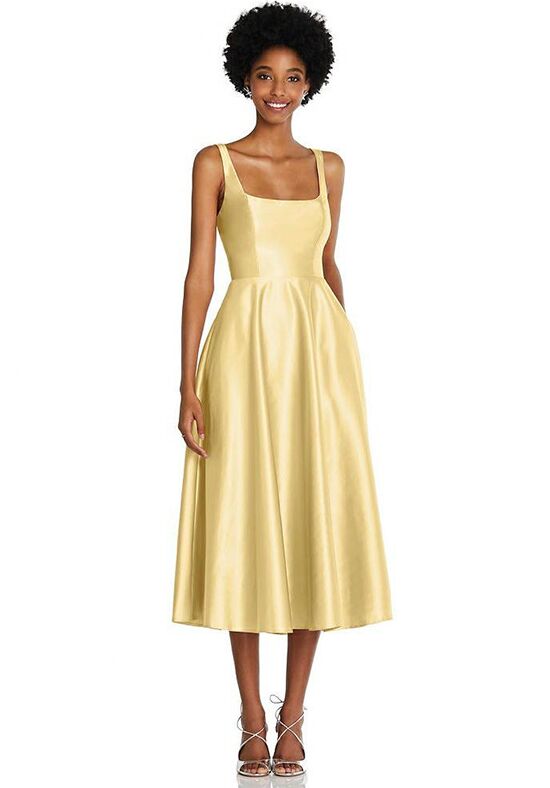 Dessy Group Square Neck Full Skirt Satin Midi Dress with Pockets - TH092 Square Bridesmaid Dress - 1