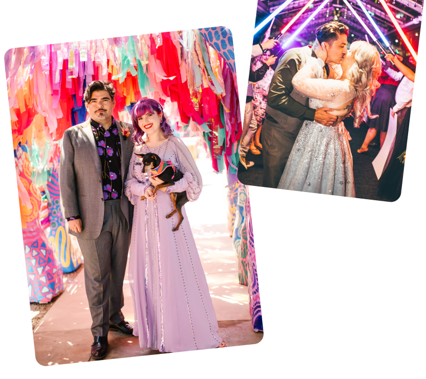 A couple with a small dog under colorful streamers, and a couple kissing under a tunnel of glowing light-sabers held by friends.