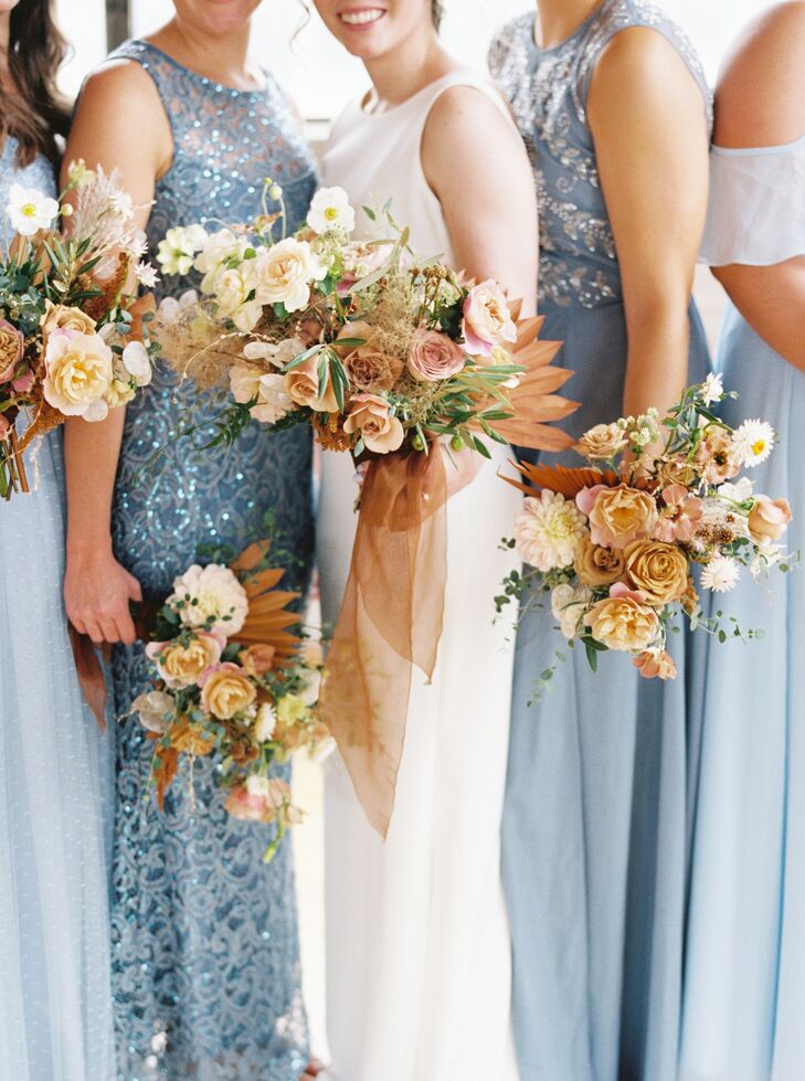 Toffee-Hued Bouquets and Blue Bridesmaid Dresses