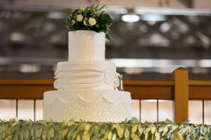 Textured, Monogrammed White Wedding Cake