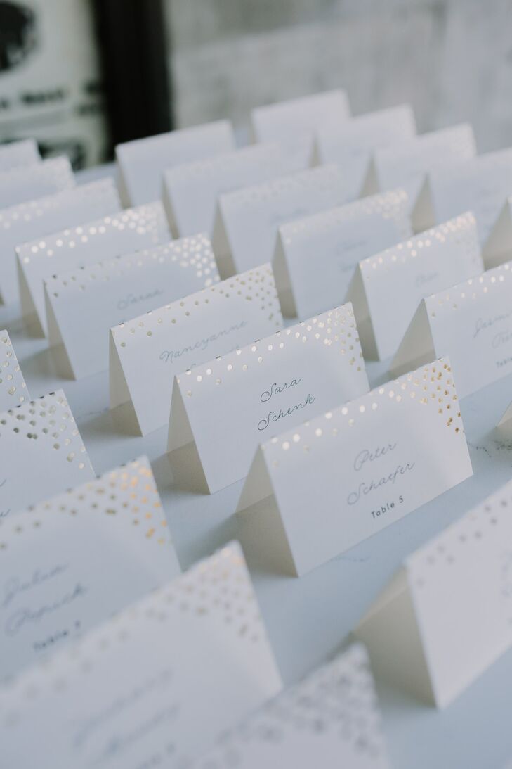 Simple White Place Cards with Gold Dot Design