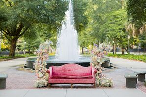 Velvet Couch in Front of Fountain at The Lace House at Arsenal Hill in Columbia, South Carolina