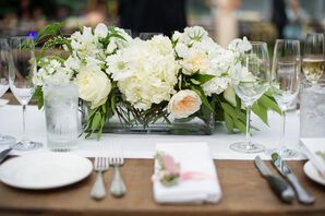 White Hydrangea, Garden Rose, Scabiosa Centerpieces