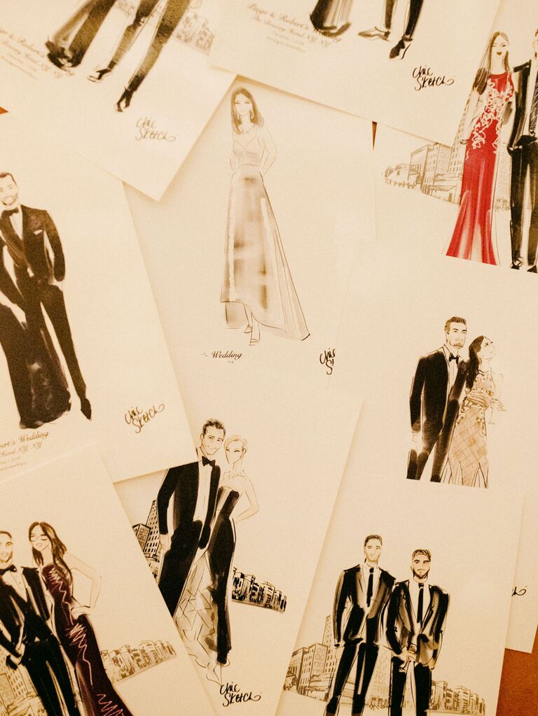 Personalized sketches of wedding guests from caricature artist at reception
