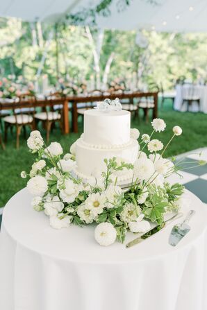 Simple, Two-Tier White Wedding Cake With Vintage Heirloom Crystal Swan Cake Topper, Ample Florals