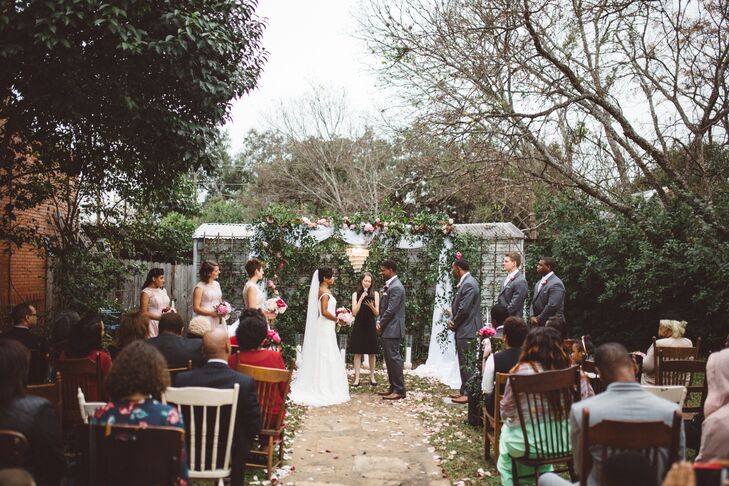 The festivities kicked off with a ceremony on the lawn, where Morgan and Stanley exchanged vows surrounded by their closest family members and friends. The pair incorporated hand-washing unity-candle ceremonies into the proceedings, as well as a memorial bench that honored their grandfathers. The intimate courtyard at The Carrington in Buda, Texas, was the perfect setting, with its lush English garden and views of the venue’s historic architecture.
