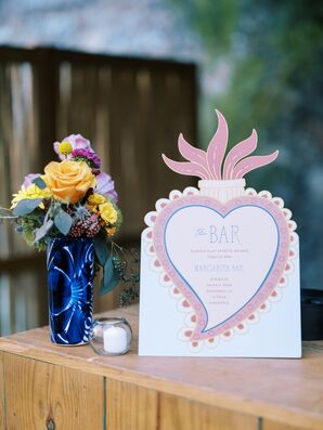 Pink Heart Bar Menu, Unique Style With Blue Vase and Low Arrangement on Bar