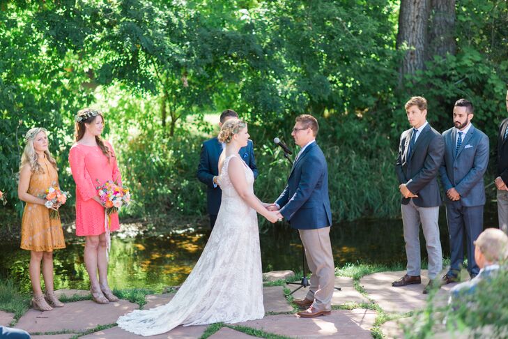 Devin's relaxed, lace Anais Anette gown honored the lace wedding gowns that her mother and grandmother had worn. Kay's separates—a navy blazer and khaki slacks—fit well with the day's relaxed mood.