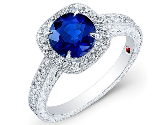 Alyssa Campanella's custom made royal blue sapphire and diamond engagement ring
