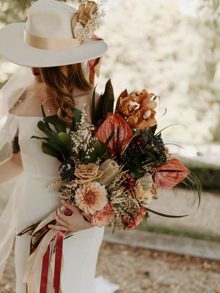 boho fall bouquet with pink anthurium and greenery