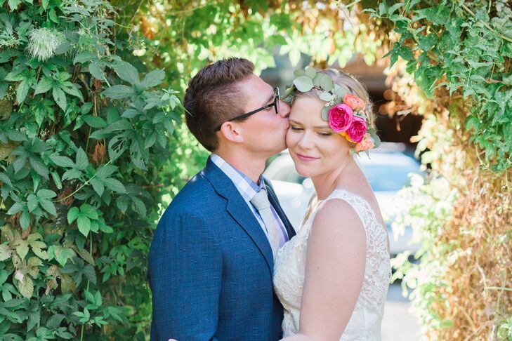 "I'd describe myself as laid-back and probably the least fussy bride you've ever met," Devin says. "The flashiest thing I own is my engagement ring, so I never was attracted to a glitzy wedding style.  I always pictured myself with flowers in my hair for a more boho feel."
