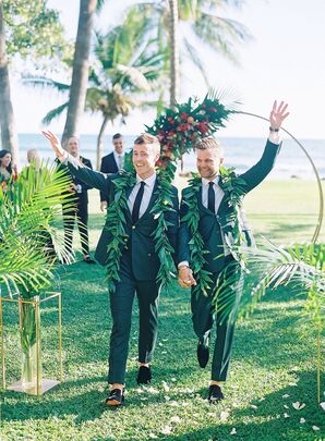 Grooms in Emerald Green Suits and Greenery Leis at Hawaiian Ceremony Processional