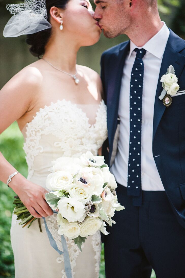 Lydia was undecided about the veil until her mom told her, “You have one chance in your life to wear a veil.” In the end, she bought a traditional veil for the ceremony and a birdcage veil to wear to the reception. “I’m glad I listened to my mom,” she says. “I loved the veil.”