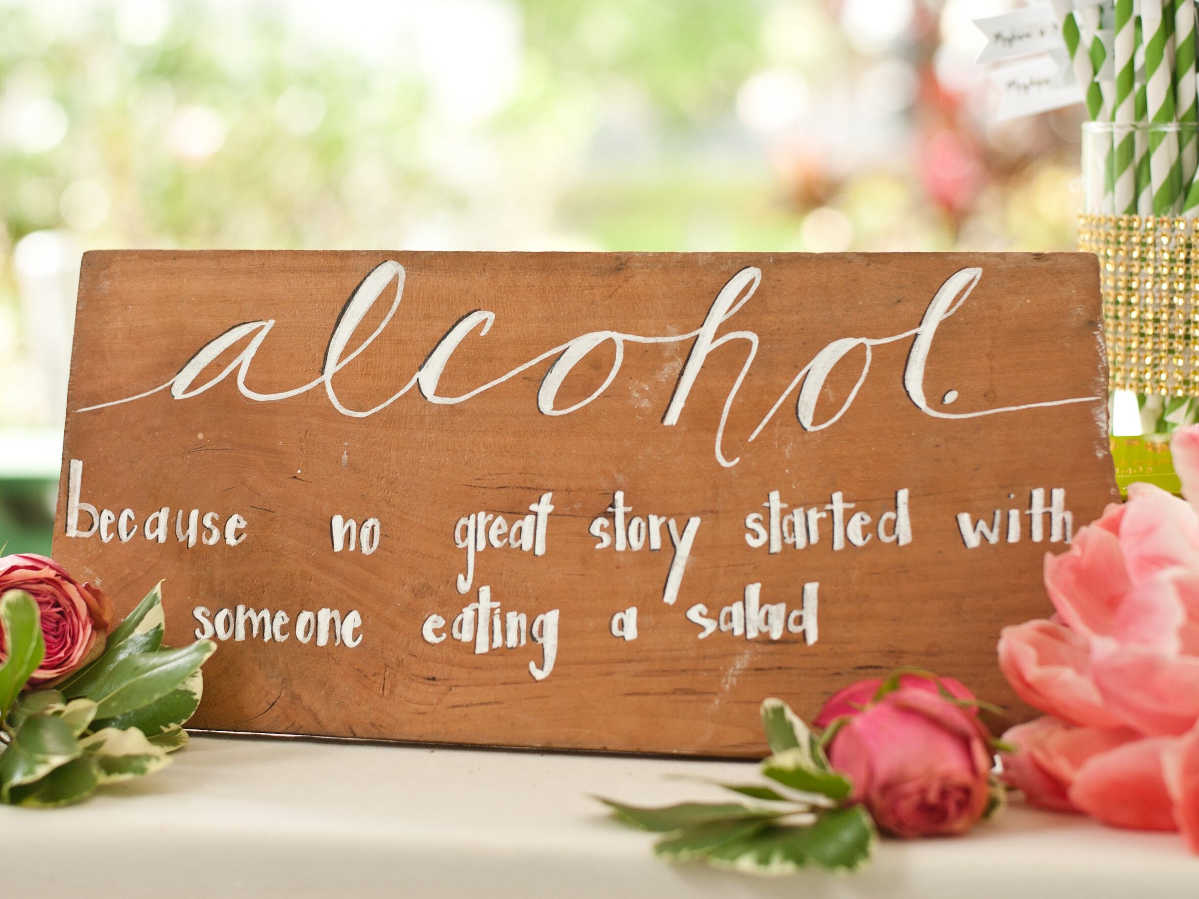 Pink Rustic Wood Effect Alcohol Bar Love Story Personalised Wedding Sign 