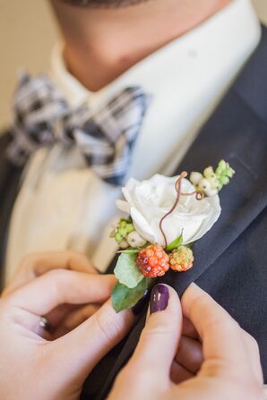 White Rose Boutonniere with Orange Berries and Navy Plaid Bow Tie