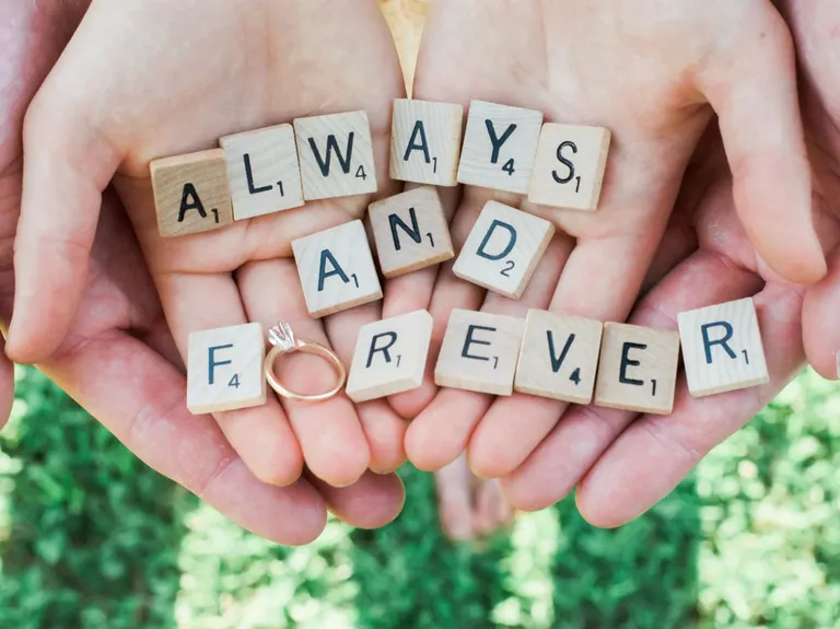 Scrabble tiles engagement photo prop