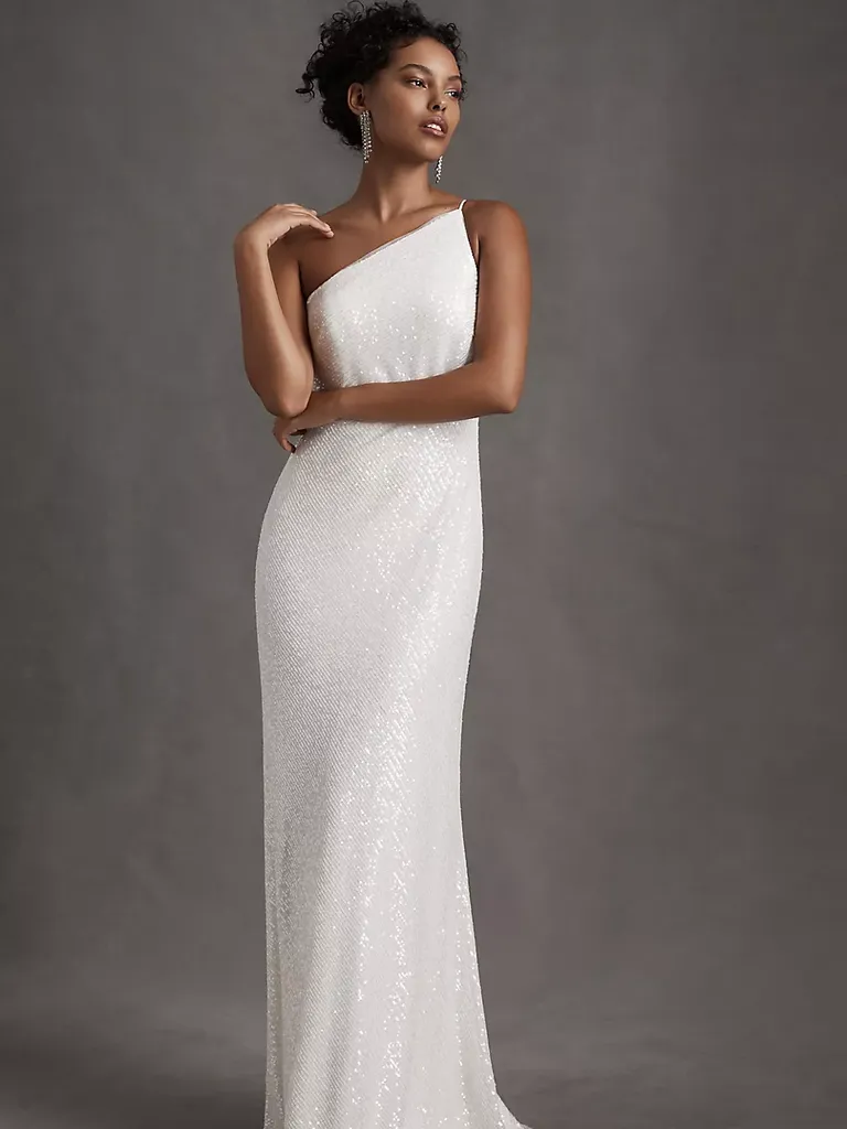 One-Shoulder Sequin Column Gown for older bride