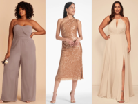 Collage of three neutral bridesmaid dresses