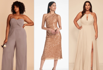 Collage of three neutral bridesmaid dresses