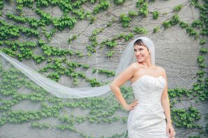 Beaded Oleg Cassini Wedding Dress and Cathedral-Length Veil