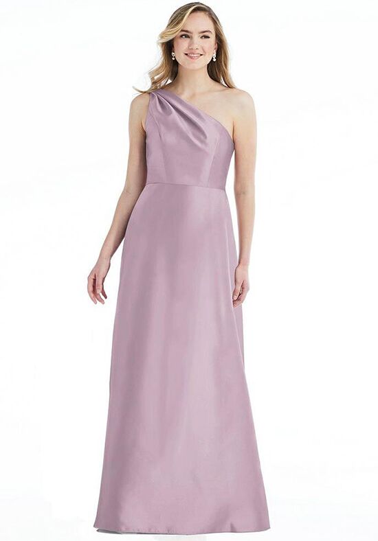 Dessy Group Pleated Draped One-Shoulder Satin Maxi Dress with Pockets - D821 One Shoulder Bridesmaid Dress - 1