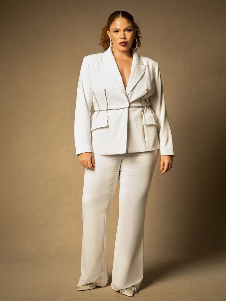 sleek white suit alternative to engagement party dress