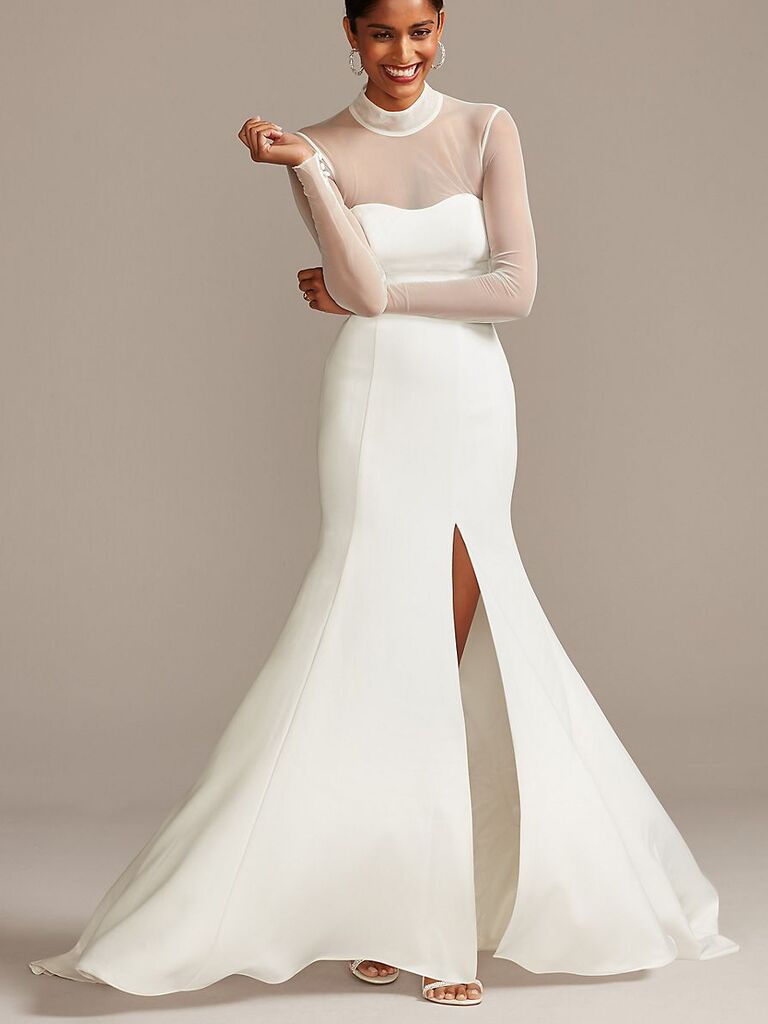 David's Bridal Collection Illusion high-neck crepe long-sleeve wedding dress