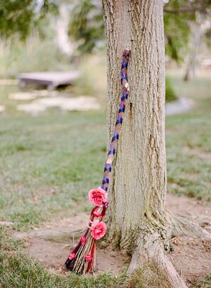 Broom for Jumping the Broom with Blue Ribbon and Pink Peonies