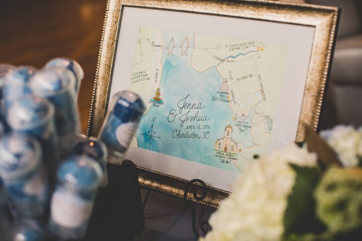 On the welcome table, Jenna and Joshua had a framed, hand-drawn map of the Charleston area that showed where their wedding venues were located.
