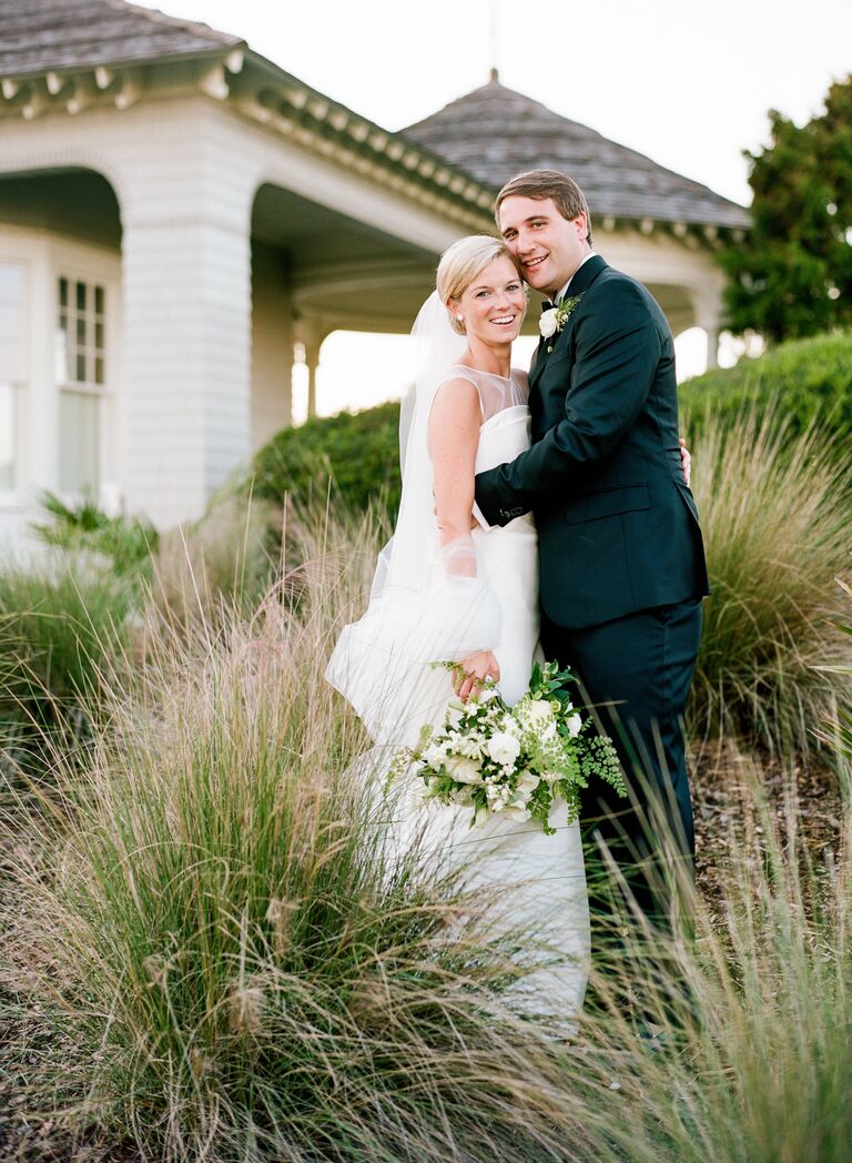 bride and groom outside