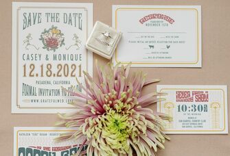 A vintage-themed save the date suite