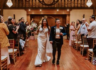 Janise Whitmore and Kelsi Barron looked to the stars when planning their wedding in California, coming up with a celestial theme and navy, mauve and g