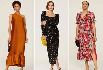 collage of three cute Rent the Runway wedding guest dresses