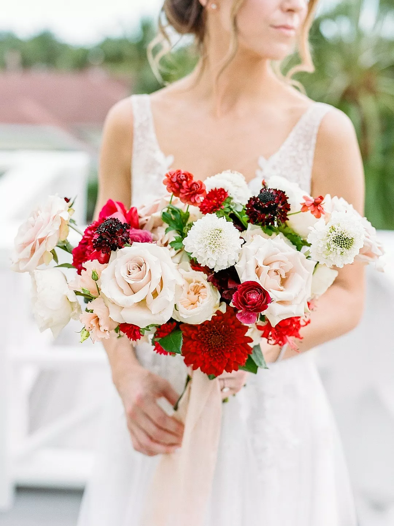 Wedding Bouquet With Red and White Roses and Scabiosa