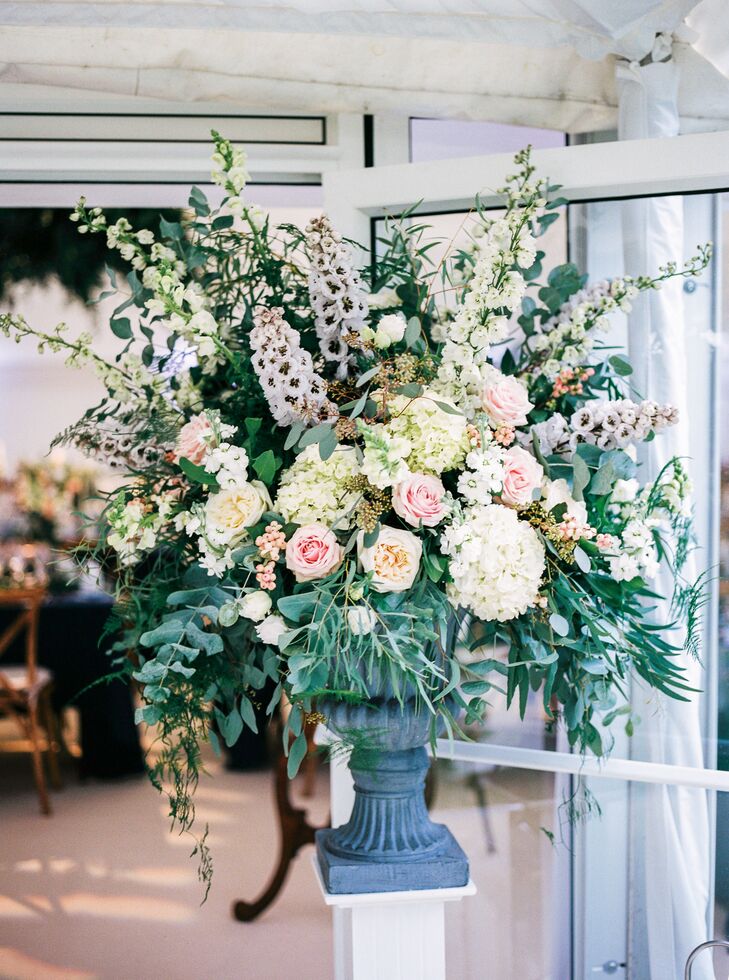 Romantic Rose, Delphinium and Eucalyptus Arrangement in Stone Urn