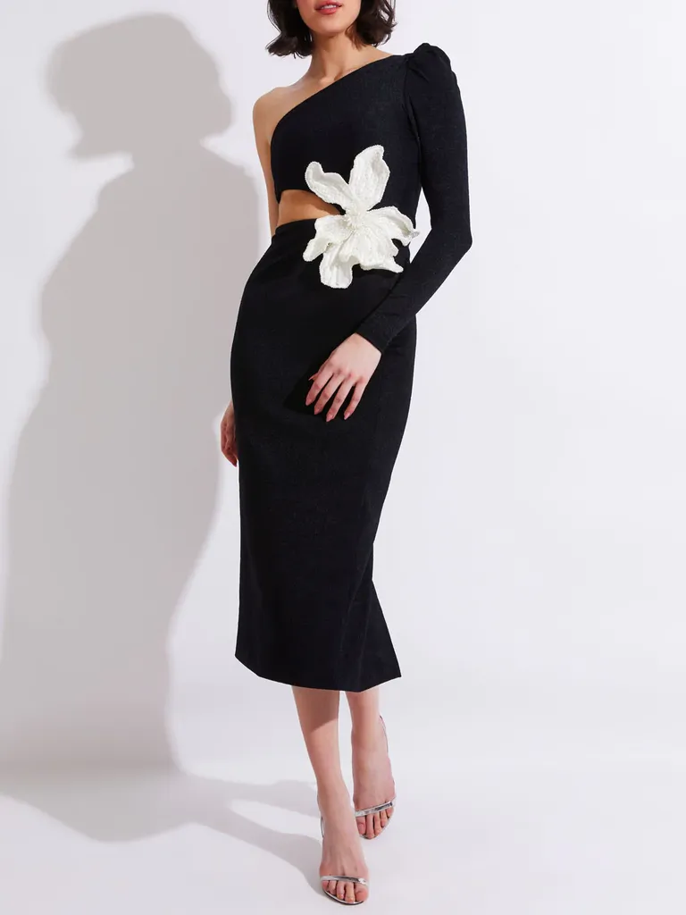 One shoulder black maxi dress with large flower detail