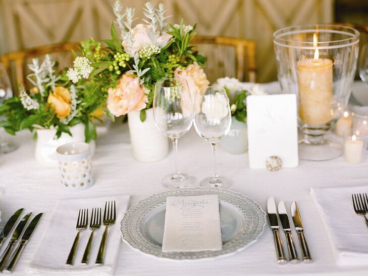 Pale blue chargers were set with calligraphed menus personalized with guests' names.