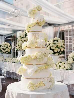 10-Tier White Wedding Cake With Gold Details, Monogram and Flowers
