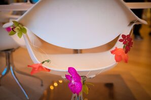 Modern White Chair With Colorful Orchid Drape