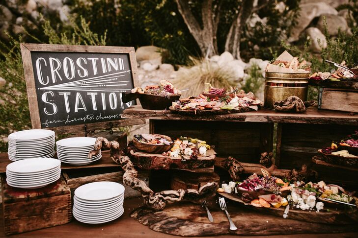 At the reception at Frederick Loewe Estate in Palm Springs, California, guests snacked on a fully loaded crostini bar.