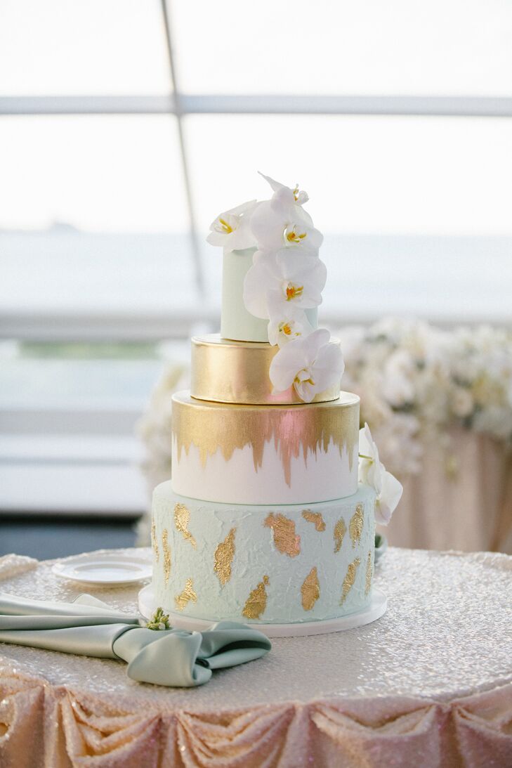 Hand-Painted Gold and Mint Wedding Cake