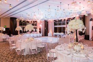 Tall Ivory Hydrangea Centerpieces in Mirrored Vases