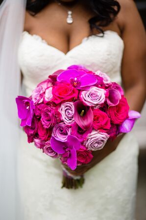 Classic Round Fuchsia Bouquet of Roses, Calla Lilies and Orchids