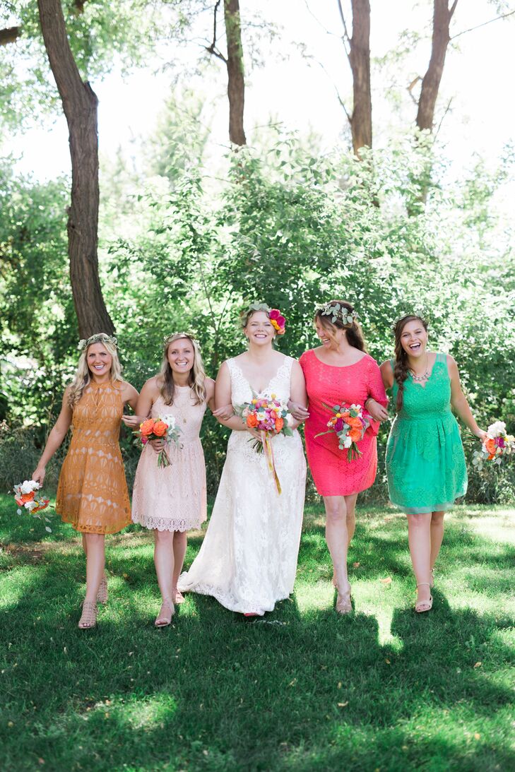 Devin asked each bridesmaid to wear a dress of their choosing in an assigned color: mustard yellow, turquoise, coral pink and blush. I asked the bridesmaids to look for a short-length dress in lace in their assigned color and to pick a nude or tan shoe. "I wanted them to feel comfortable in their dress choices and let them come up with a budget of what they felt comfortable spending," Devin says.