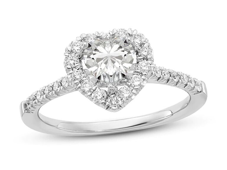 jared diamond heart shaped engagement ring with heart shaped round diamond halo and round diamond sides